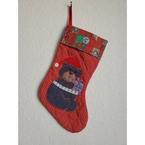 VTG Avon Denim Bear Christmas Stocking Santa Hat Gift Holiday Patchwork …